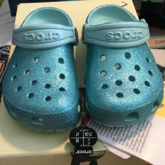 CROCS Clogs Shoes Classic Blue Glitter Toddler Kid's Size 7 Girl's Size 7 NEW - Picture 1 of 5